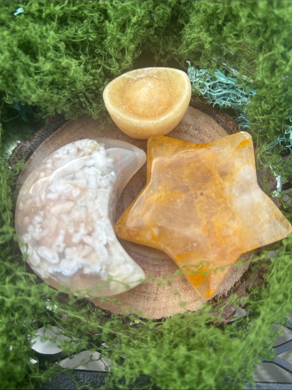 Flower Agate Moon, Golden Healer Star and Honey Calcite Lucky Boat